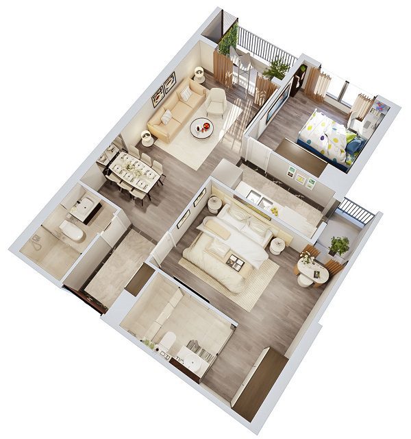 Thiết kế nội thất chung cư 100m2 phong cách hiện đại với 2 phòng ngủ