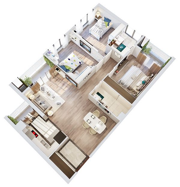 Mẫu thiết kế nội thất chung cư 80m2 hình góc
